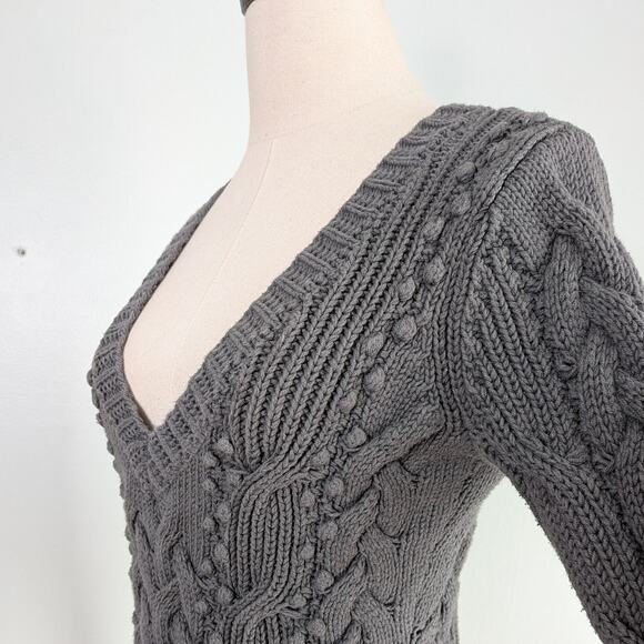 Y2K Banana Republic Cable Knit Sweater XS Gray Vneck Elena Bella Academia Chunky - Picture 2 of 10
